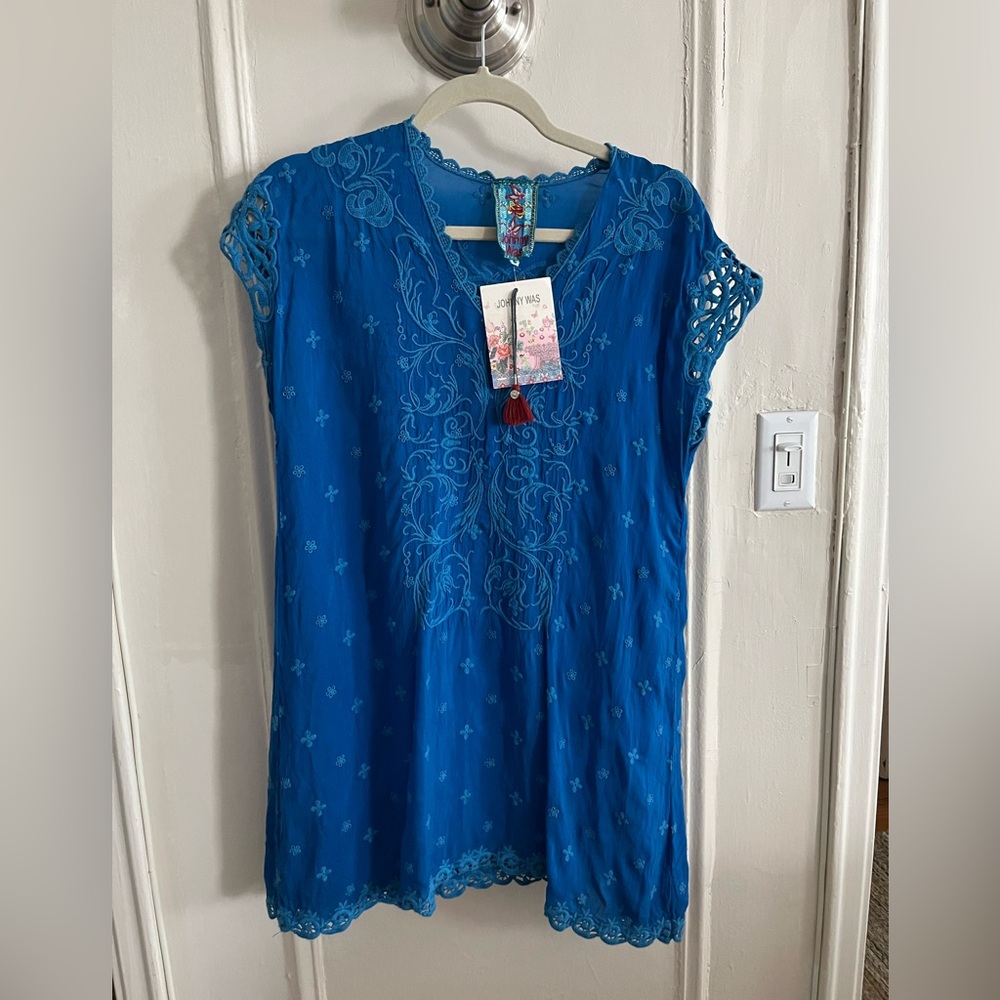 Johnny Was French Blue silk tunic embroidered top.